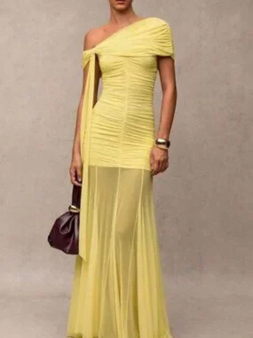 ZARA Yellow Elegant Women's Minimalist Casual Asymmetrical Shoulder Dress